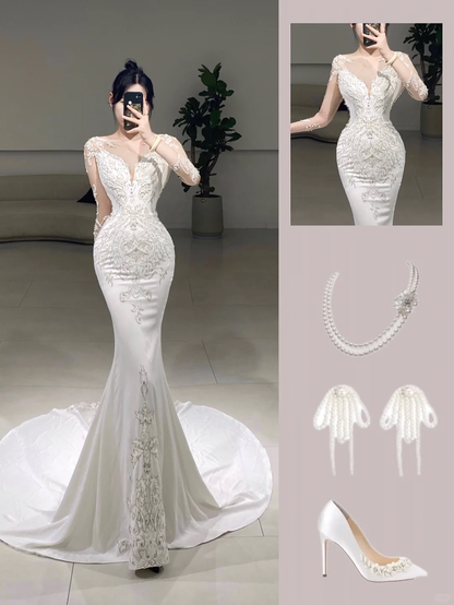 Robe de mariée longue en dentelle blanche, style sirène, col rond, manches longues, élégante et élégante, A082