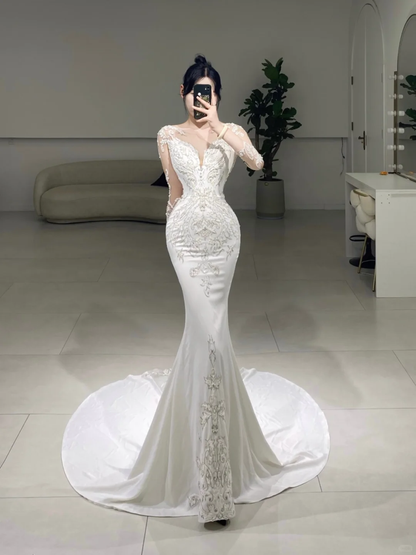 Robe de mariée longue en dentelle blanche, style sirène, col rond, manches longues, élégante et élégante, A082