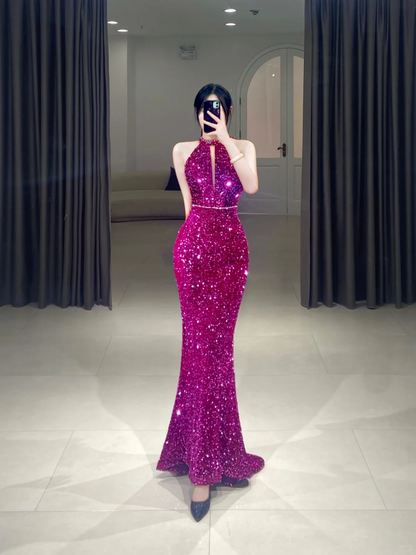 Elegant Mermaid Scoop Sequin Sparkly Pleated Floor Length Prom Dress Inspiration Long Prom Dresses A094