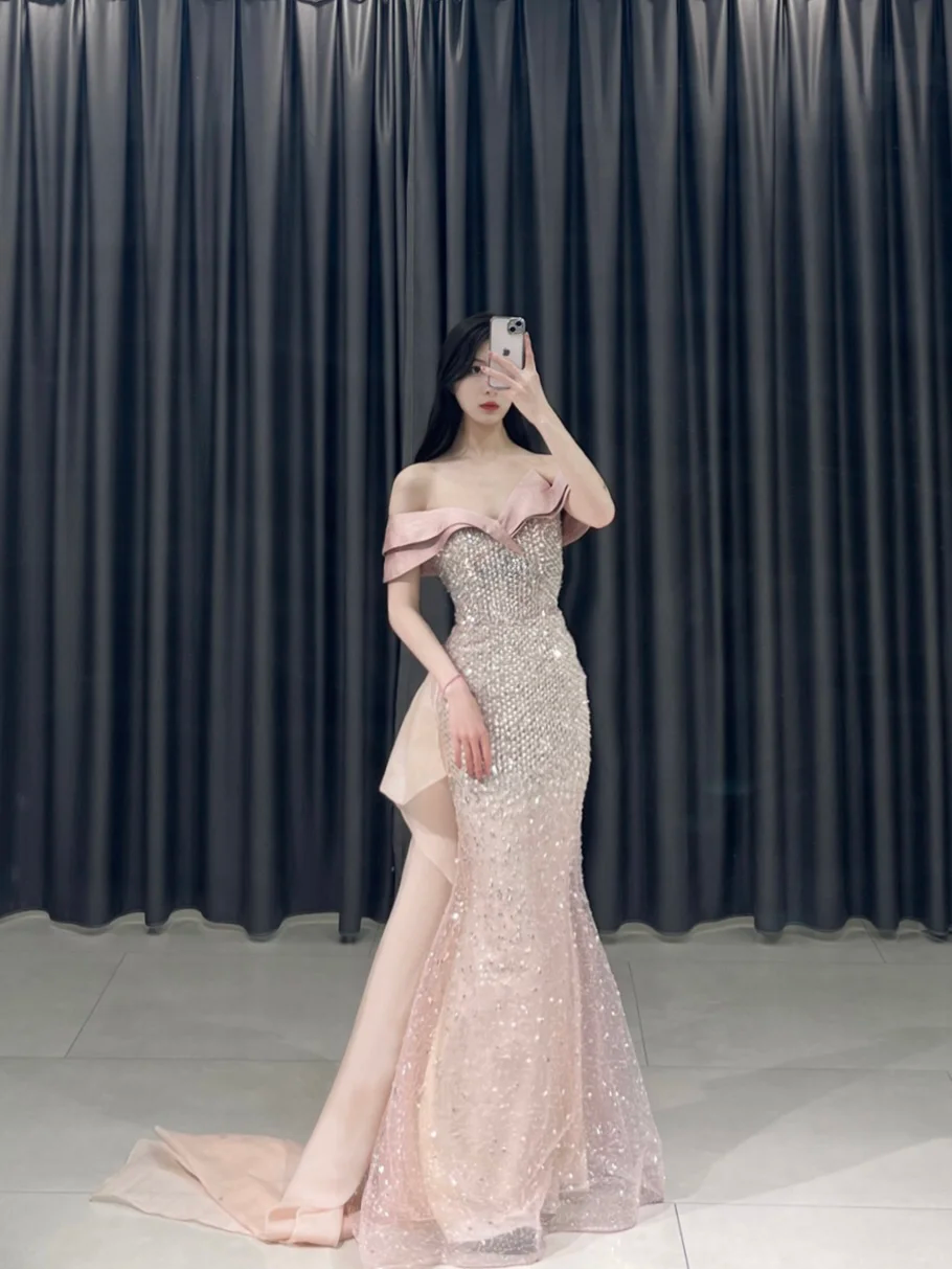 Elegant Mermaid Off The Shoulder Pink Sequin Sparkly Pleated Floor Length Prom Dress Inspiration Long Prom Dresses A095