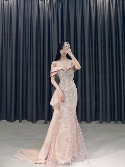 Elegant Mermaid Off The Shoulder Pink Sequin Sparkly Pleated Floor Length Prom Dress Inspiration Long Prom Dresses A095