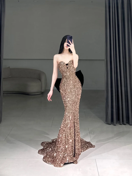Elegant Mermaid Sweetheart Sequin Sparkly Pleated Floor Length Prom Dress Inspiration Long Prom Dresses A096