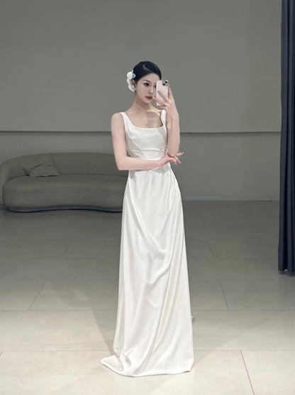 Zeitloses A-Linie Square Neck White Satin Langes Brautkleid Schöne formelle süße Brautkleider A101