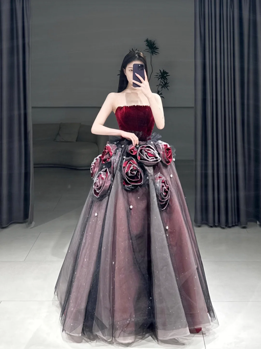 Süßes trägerloses Ballkleid mit Blumenmuster, Tüll, langes Quinceanera-Kleid, wunderschöne Quinceanera-Kleider, süßes 15. 16. Kleid A102