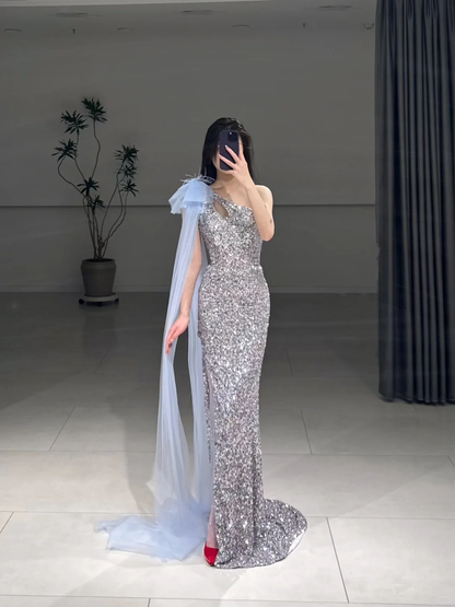 Elegant Sheath One Shoulder Silver Sequin Sparkly Floor Length Prom Dress Inspiration Long Prom Dresses A104