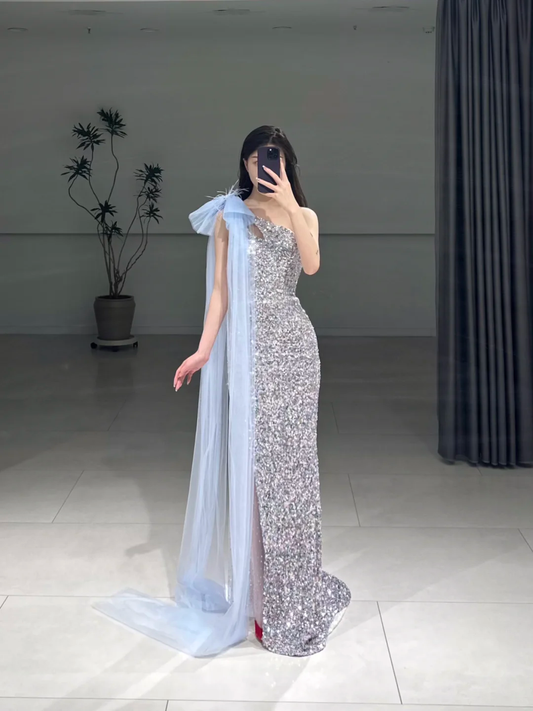 Elegant Sheath One Shoulder Silver Sequin Sparkly Floor Length Prom Dress Inspiration Long Prom Dresses A104