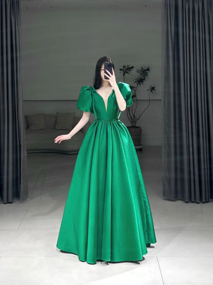 Elegant Ball Gown V Neck Half Sleeves Floor Length Prom Dress Inspiration Green Long Prom Dresses A105