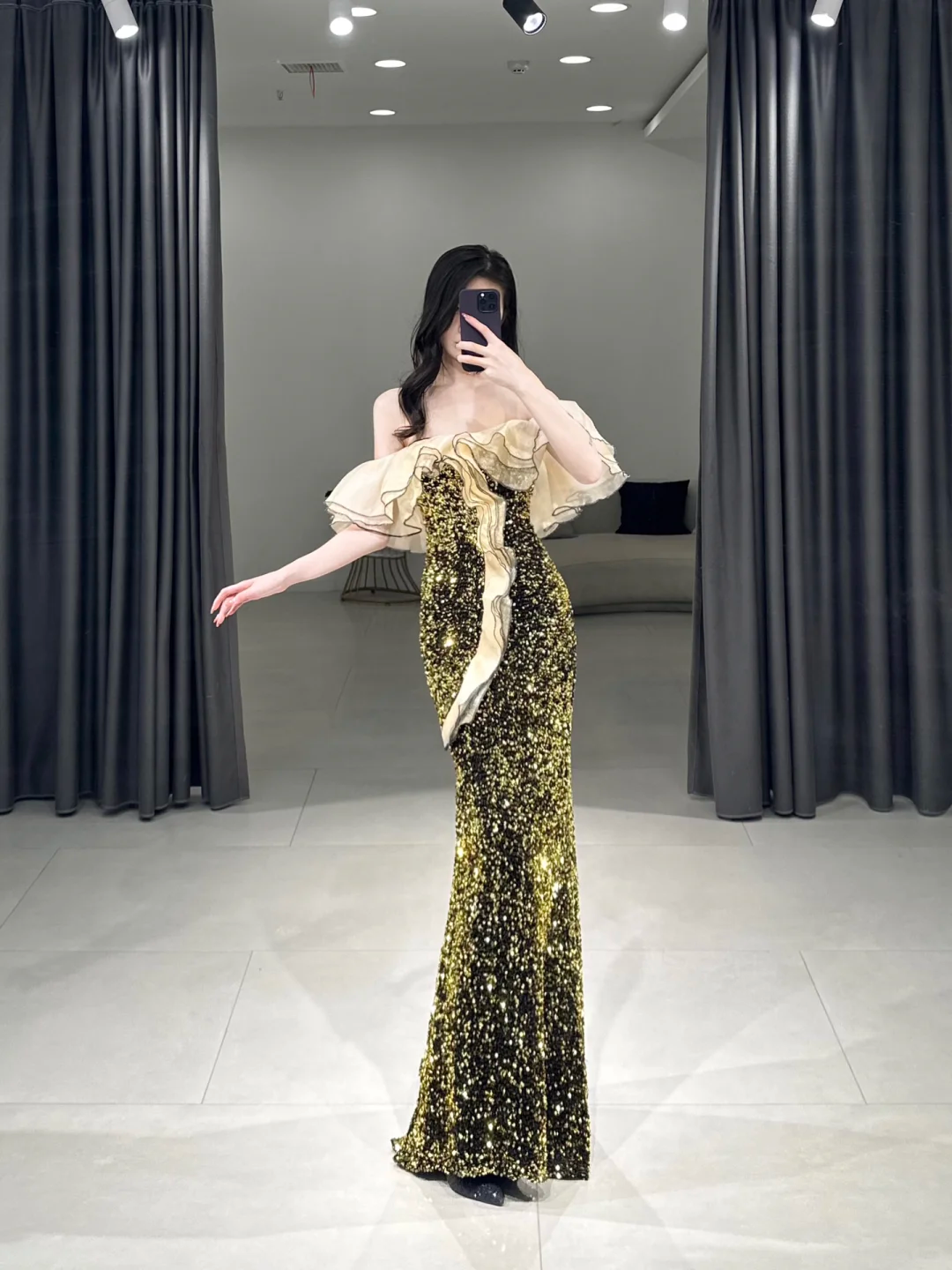 Elegant Mermaid Off The Shoulder Half Sleeves Floor Length Prom Dress Inspiration Green Sequin Long Prom Dresses A106