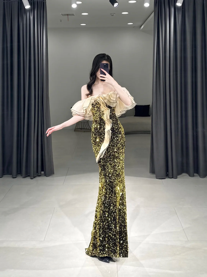 Elegant Mermaid Off The Shoulder Half Sleeves Floor Length Prom Dress Inspiration Green Sequin Long Prom Dresses A106