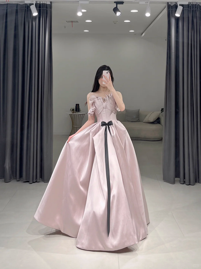 Elegant A Line Strapless Pink Satin Floor Length Prom Dress Inspiration Long Prom Dresses A108