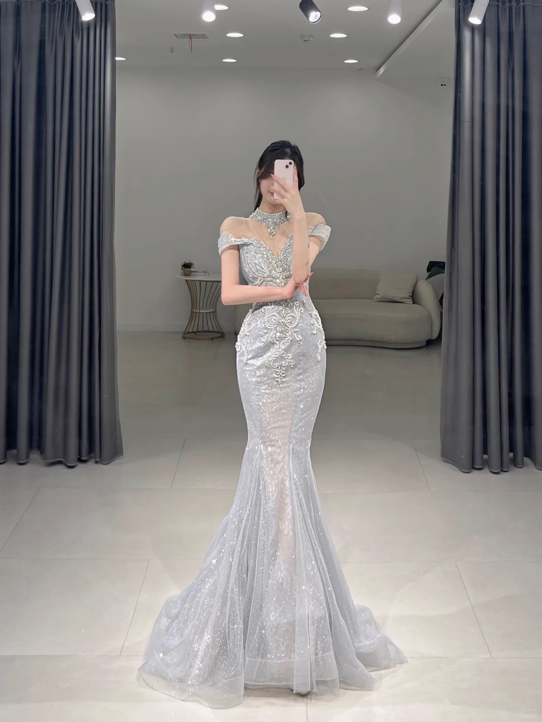 Elegant Mermaid High Neck Silver Sequin Long Floor Length Prom Dress Inspiration Long Prom Dresses A112