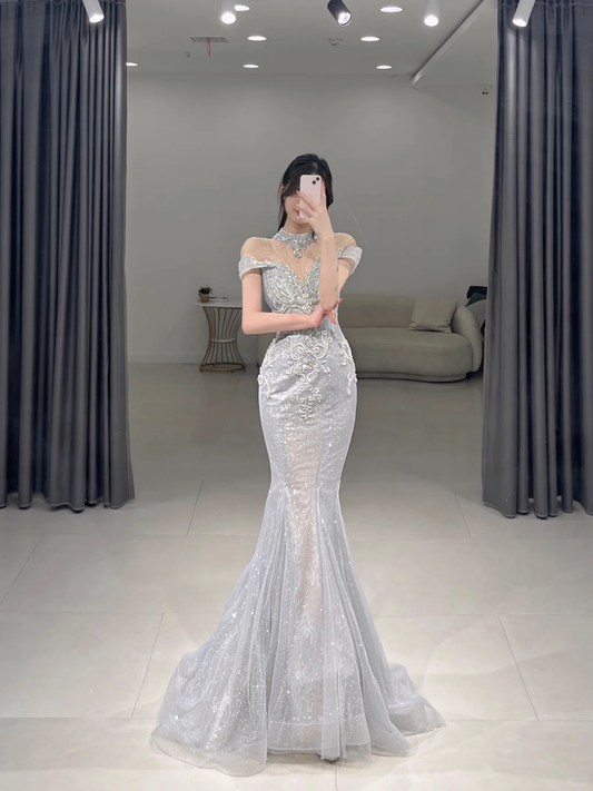 Elegant Mermaid High Neck Silver Sequin Long Floor Length Prom Dress Inspiration Long Prom Dresses A112