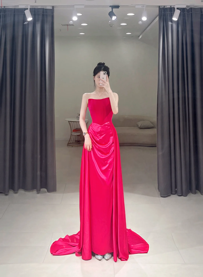Elegant Sheath Strapless Hot Pink Satin Long Floor Length Prom Dress Inspiration Long Prom Dresses A115