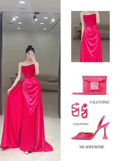 Elegant Sheath Strapless Hot Pink Satin Long Floor Length Prom Dress Inspiration Long Prom Dresses A115