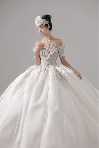 Elegantes Ballkleid aus Satin mit kurzen Ärmeln und langem Brautkleid, schöne formelle Brautkleider mit niedlichem Muster A120