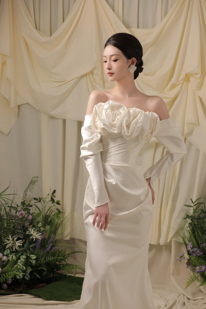 Elegante Meerjungfrau Weg Von Der Schulter Satin Weiß Lange Brautkleid Schöne Formale Nette Brautkleider A124