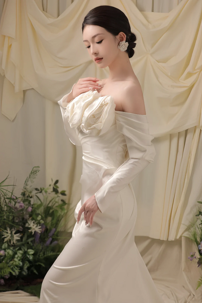 Elegante Meerjungfrau Weg Von Der Schulter Satin Weiß Lange Brautkleid Schöne Formale Nette Brautkleider A124