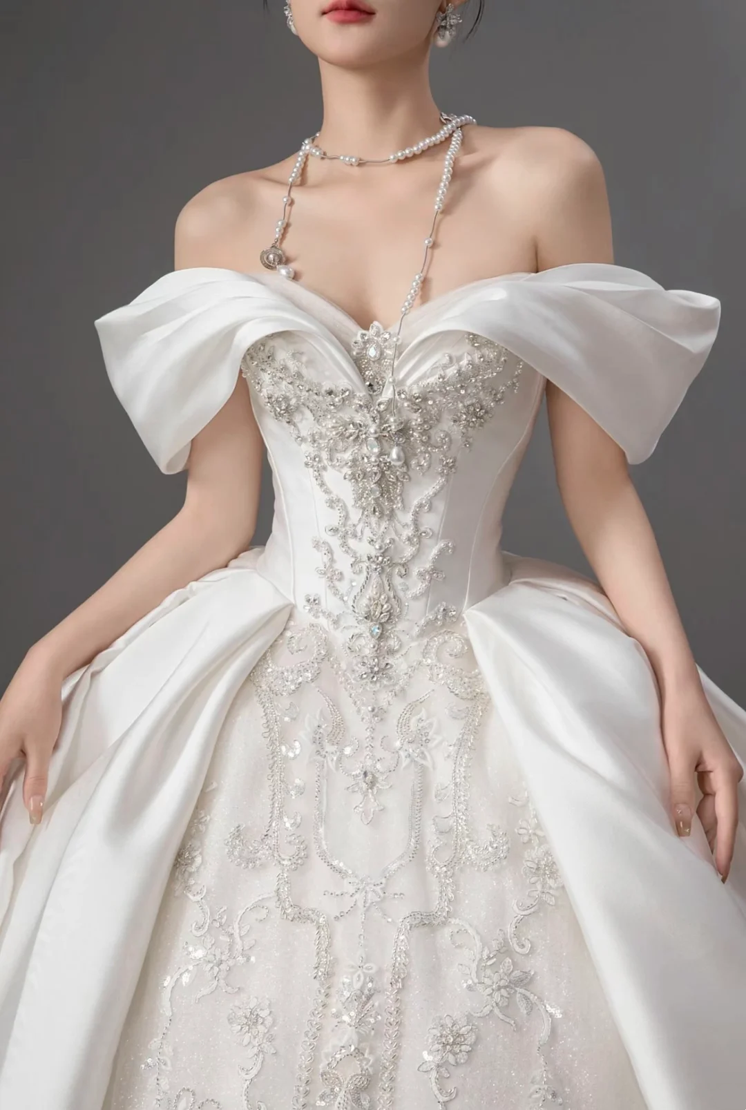 Verträumtes Ballkleid aus der Schulter Satin weiß langes Brautkleid schöne formale süße Brautkleider A125