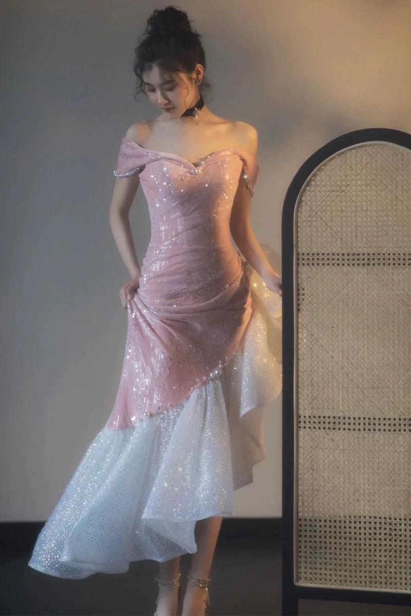 Elegantes Meerjungfrauen-Kleid, schulterfrei, Pink mit kurzen Ärmeln, formelles Kleid, Pailletten, Geburtstag, Abschlussballkleider N2816