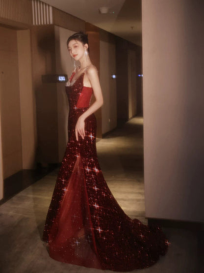 Glitzerndes Meerjungfrauen-Kleid mit Spaghettiträgern, Pailletten, burgunderrot, lang, formell, elegant, für Abschlussball, Abendveranstaltung, Dinnerparty, AB2047