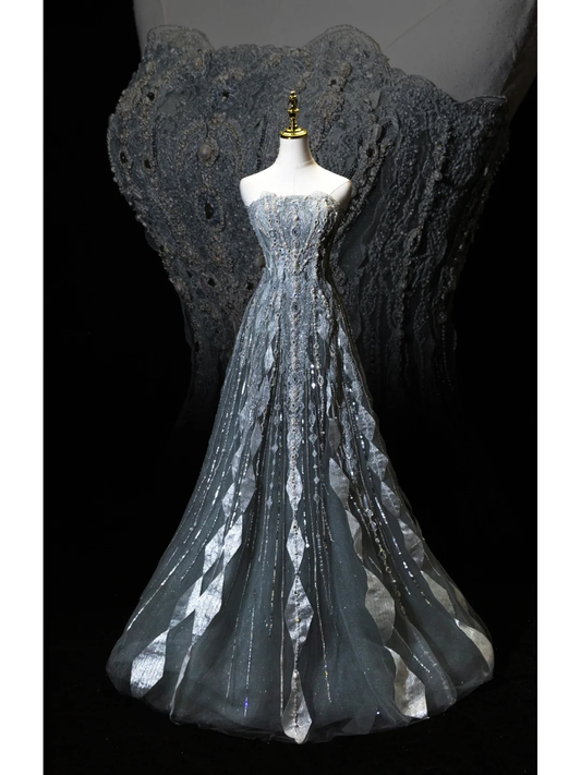 Vintage Ballkleid, trägerlos, grau-silberne Spitze, Pailletten, Tüll, Abschlussballkleid für Teenager, formelles Kleid, Partyoutfit, Ballkleid AB1003