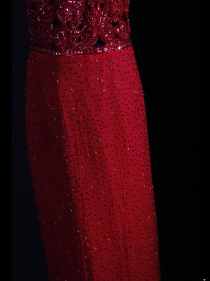 Vintage Sheath Halter 1950s Red Sequined Evening For Women Party Dresses Long Formal Prom Dresses 20th Birthday Gown AA255