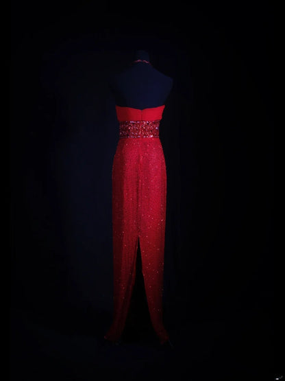 Vintage Sheath Halter 1950s Red Sequined Evening For Women Party Dresses Long Formal Prom Dresses 20th Birthday Gown AA255
