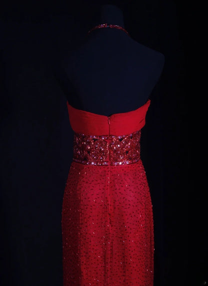 Vintage Sheath Halter 1950s Red Sequined Evening For Women Party Dresses Long Formal Prom Dresses 20th Birthday Gown AA255