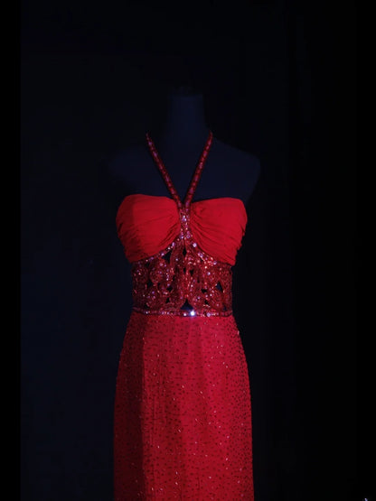 Vintage Sheath Halter 1950s Red Sequined Evening For Women Party Dresses Long Formal Prom Dresses 20th Birthday Gown AA255