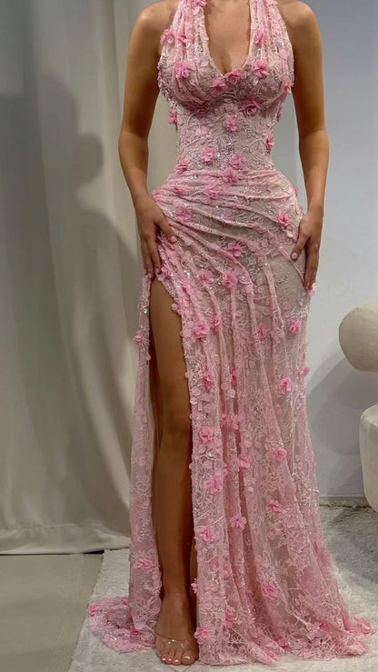 Elegantes Meerjungfrauen-Abendkleid mit Neckholder, V-Ausschnitt, rosa Spitze und hohem Schlitz – ein stilvolles Kleid für Teenager, ideal für festliche Anlässe, Partys und Abschlussbälle (AB1123).