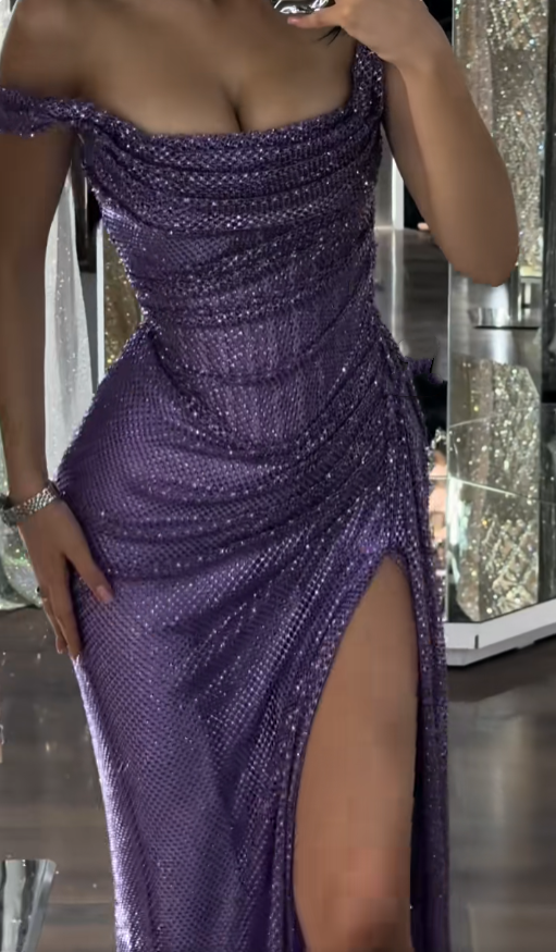 Robe de soirée longue à sequins, épaules dénudées, fente, lilas, style sirène scintillante, idéale pour un bal de promo ou un 18e anniversaire (AB1334)