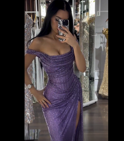 Robe de soirée longue à sequins, épaules dénudées, fente, lilas, style sirène scintillante, idéale pour un bal de promo ou un 18e anniversaire (AB1334)