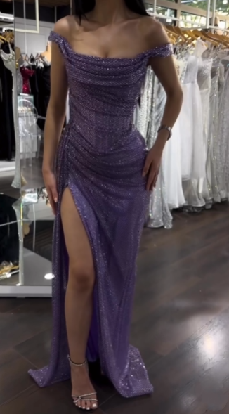 Robe de soirée longue à sequins, épaules dénudées, fente, lilas, style sirène scintillante, idéale pour un bal de promo ou un 18e anniversaire (AB1334)