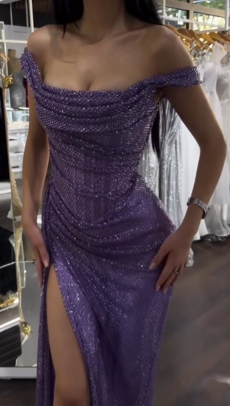 Robe de soirée longue à sequins, épaules dénudées, fente, lilas, style sirène scintillante, idéale pour un bal de promo ou un 18e anniversaire (AB1334)