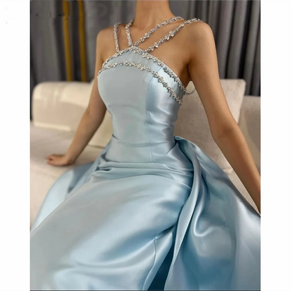 Elegantes hellblaues Meerjungfrauen-Abendkleid mit Perlenbesatz am Hals für Damen AB1451