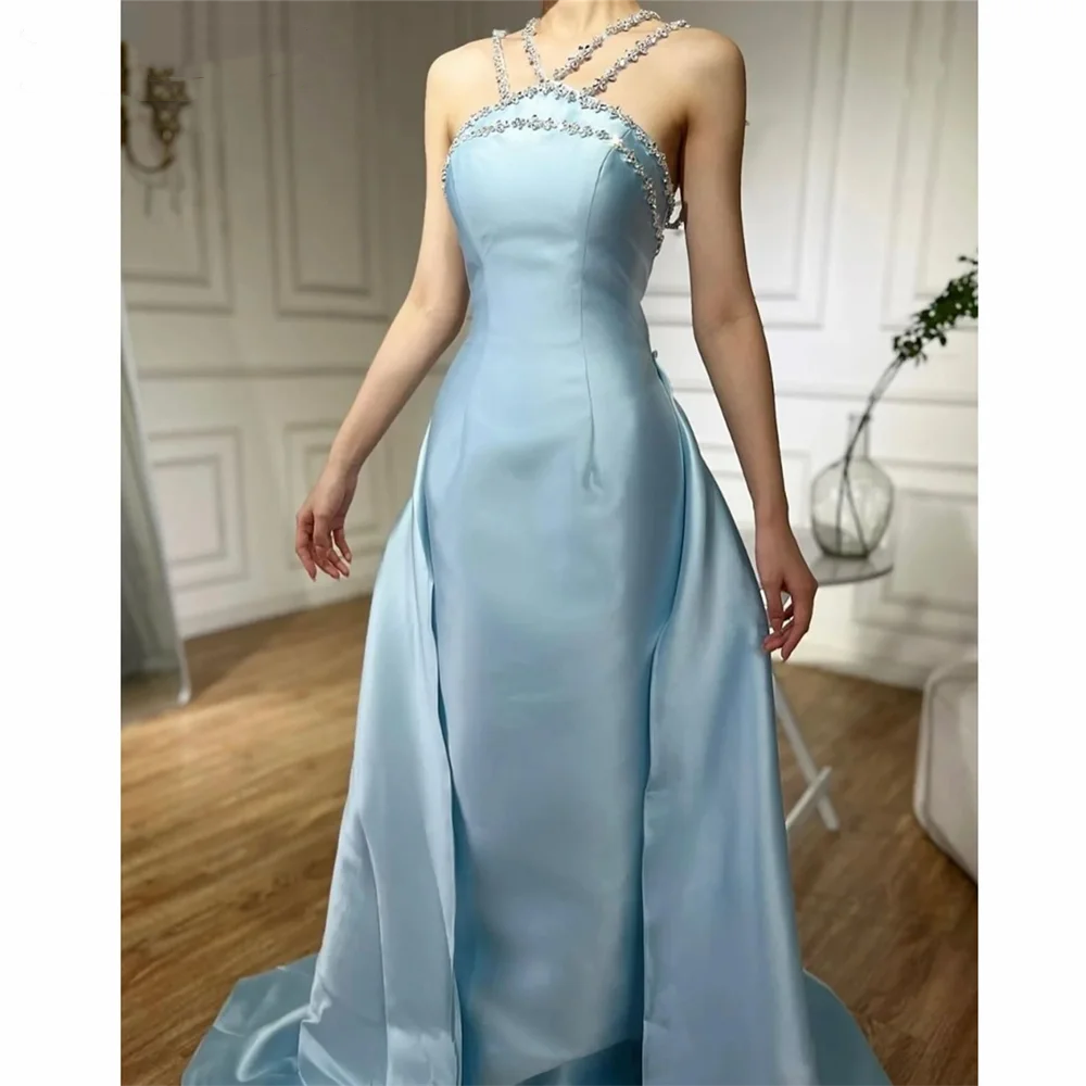 Elegantes hellblaues Meerjungfrauen-Abendkleid mit Perlenbesatz am Hals für Damen AB1451