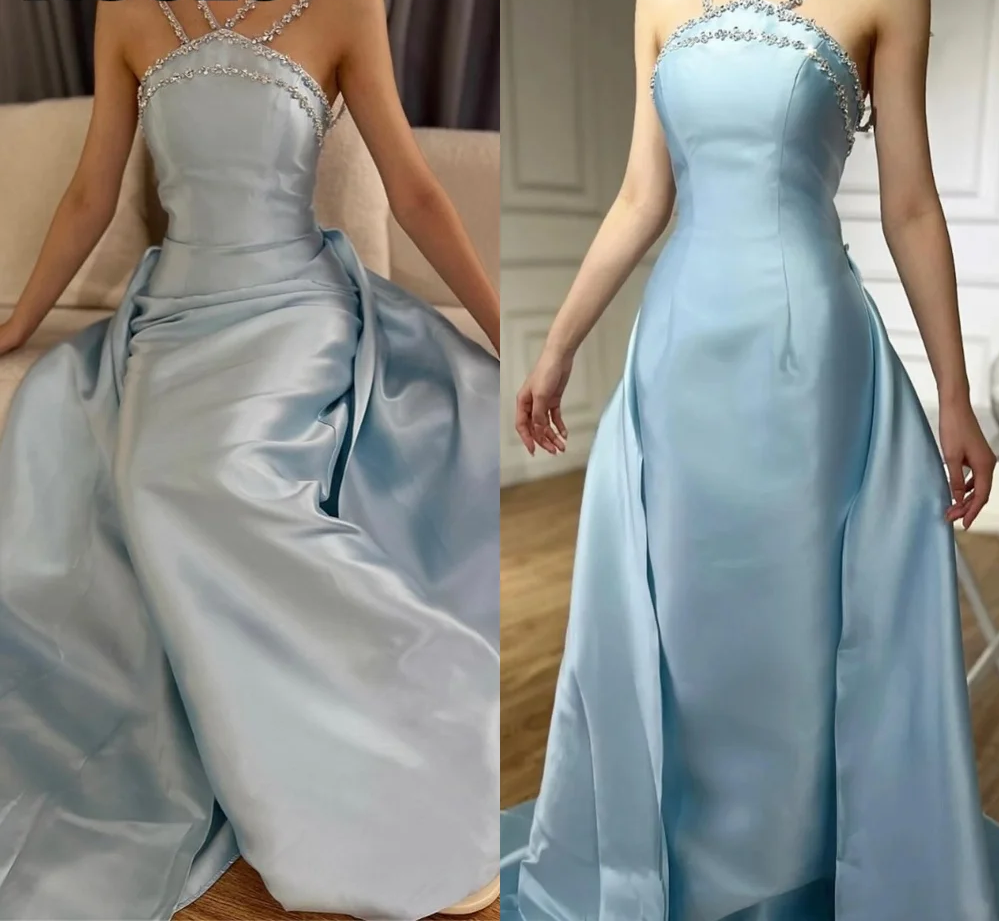 Elegantes hellblaues Meerjungfrauen-Abendkleid mit Perlenbesatz am Hals für Damen AB1451