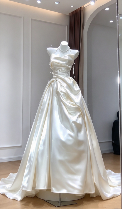 Robe de mariée rétro années 60, coupe trapèze, bustier, en satin froncé, tailles petites et grandes, collection printemps-été AB1484