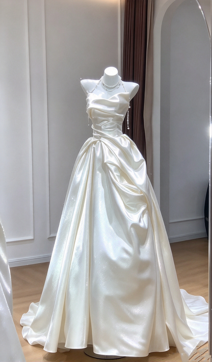 Robe de mariée rétro années 60, coupe trapèze, bustier, en satin froncé, tailles petites et grandes, collection printemps-été AB1484
