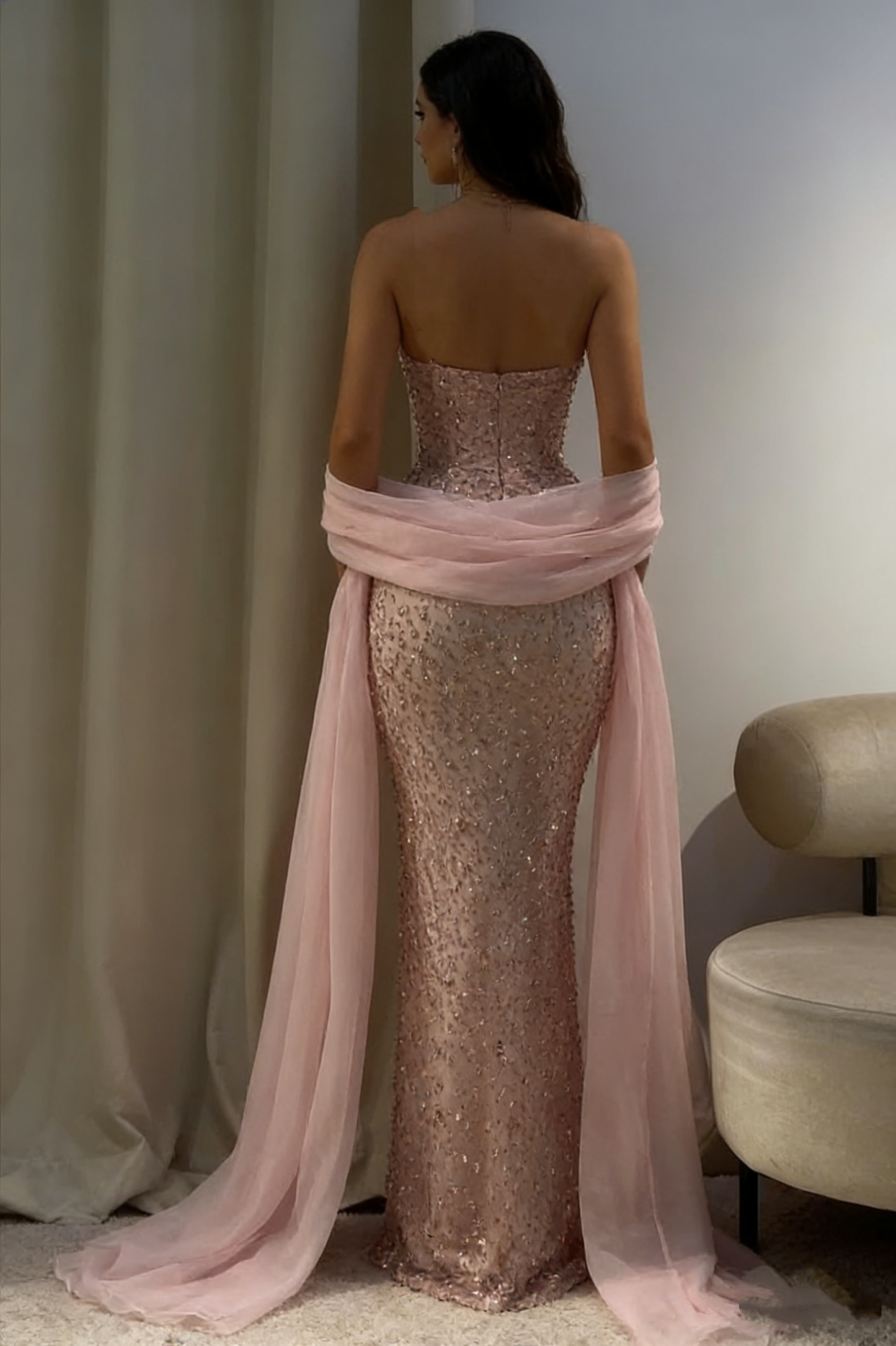 Bezauberndes, trägerloses, ärmelloses, langes Meerjungfrauen-Abendkleid mit Perlenstickerei für Damen AB1511
