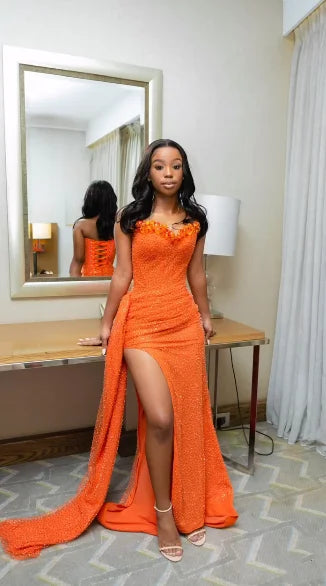 Robe de bal sirène orange sans manches à sequins et décolleté cœur, robe de soirée élégante pour femme AB1531