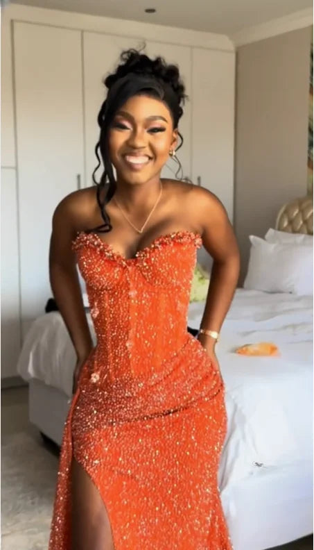 Robe de bal sirène orange sans manches à sequins et décolleté cœur, robe de soirée élégante pour femme AB1531
