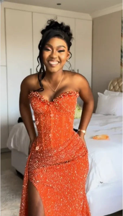 Robe de bal sirène orange sans manches à sequins et décolleté cœur, robe de soirée élégante pour femme AB1531