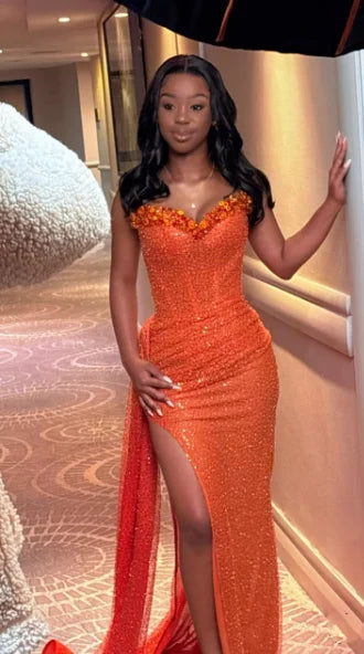 Robe de bal sirène orange sans manches à sequins et décolleté cœur, robe de soirée élégante pour femme AB1531