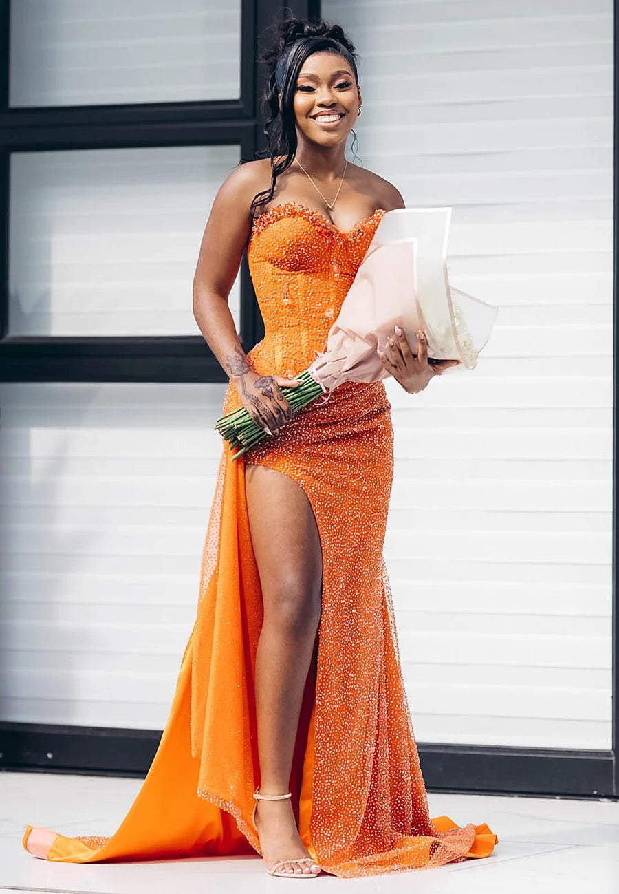 Robe de bal sirène orange sans manches à sequins et décolleté cœur, robe de soirée élégante pour femme AB1531