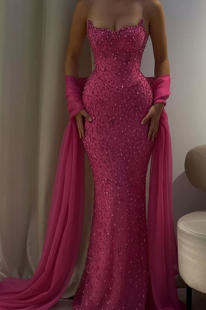 Bezauberndes, trägerloses, ärmelloses, langes Meerjungfrauen-Abendkleid mit Perlenstickerei AB1594