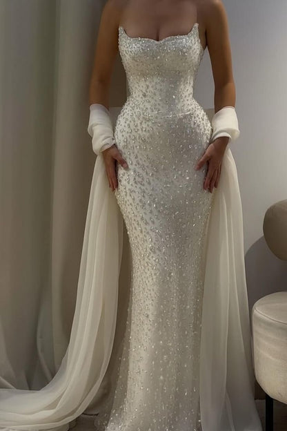Bezauberndes, trägerloses, ärmelloses, langes Meerjungfrauen-Abendkleid mit Perlenstickerei AB1594