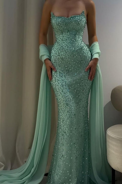 Bezauberndes, trägerloses, ärmelloses, langes Meerjungfrauen-Abendkleid mit Perlenstickerei AB1594