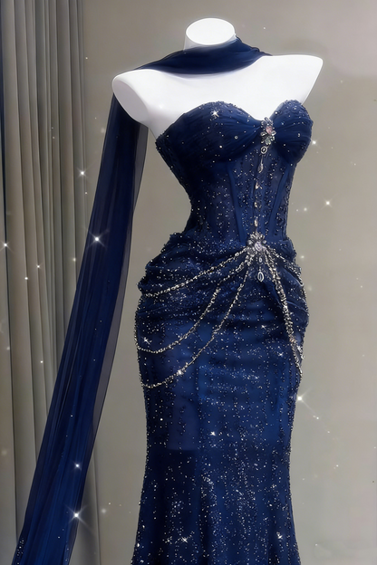 Blaues Meerjungfrauen-Abendkleid, ästhetisches, herzförmiges Tüllkleid, langes formelles Abendkleid AB1664