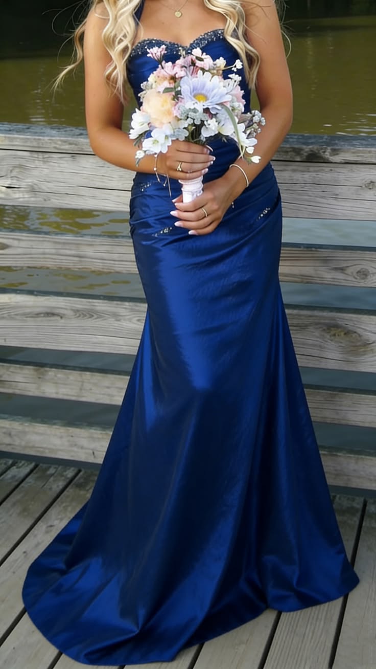 Robe de bal longue sirène bleu roi ornée de perles, robe de soirée vintage AB1822
